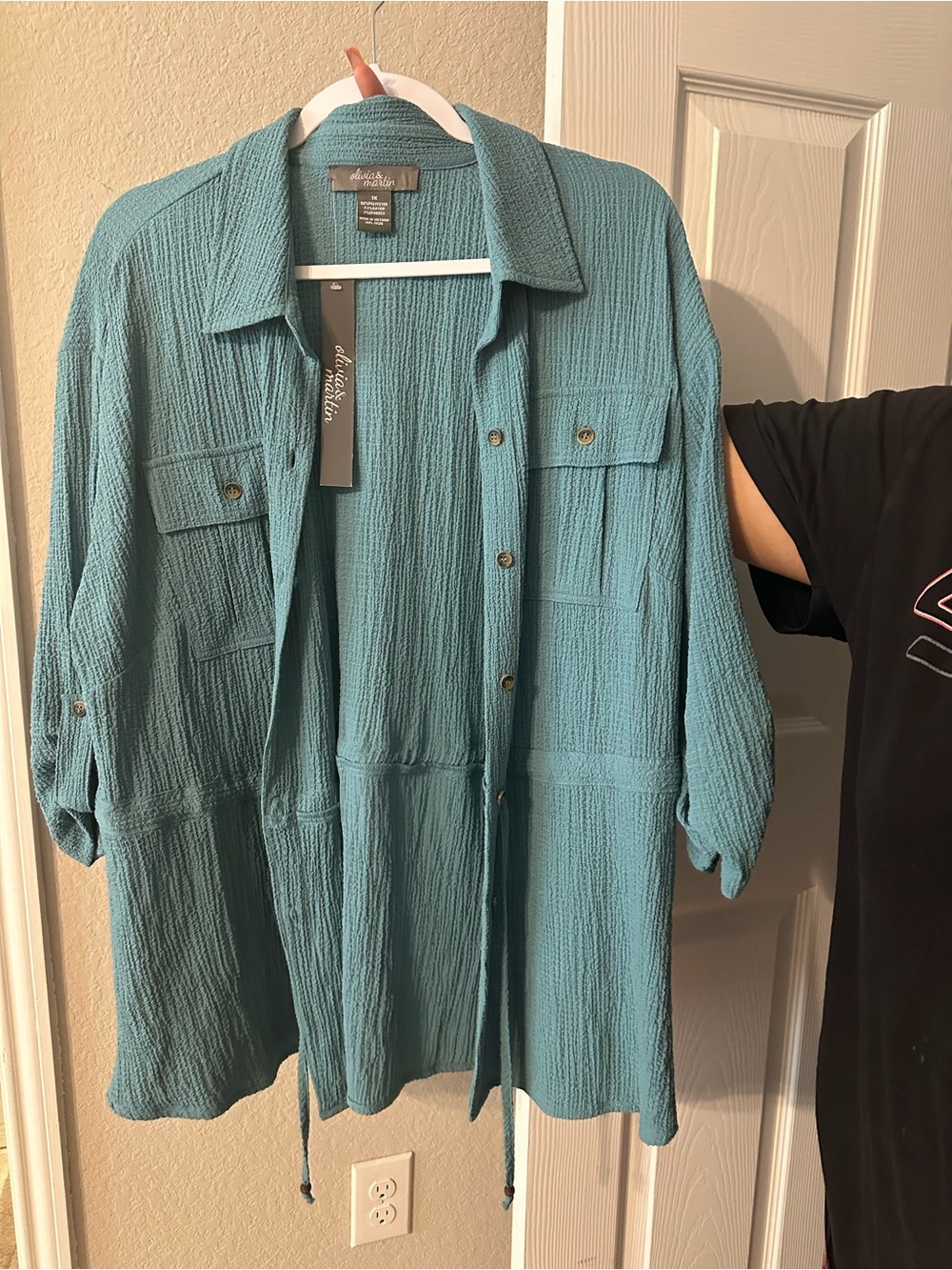 Olivia & Martin Teal Button-Front Lightweight Shirt Jacket